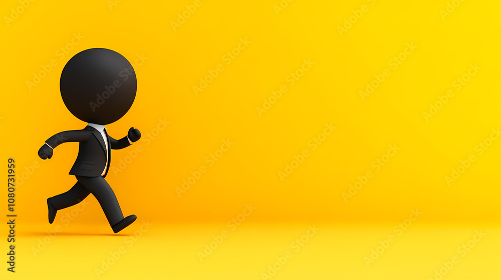 A Small Figure in a Suit Runs Energetically on a Bright Yellow Background Under a Sunny Sky A Small Figure in a Suit Runs Energetically on a Bright Yellow Background Under a Sunny Sky