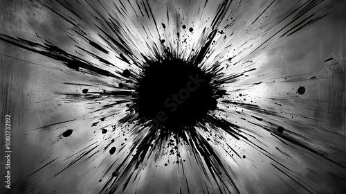 Black and white abstract art with a central black circle and radiating lines.