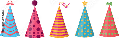 Set of birthday caps in different colors and with different patterns.