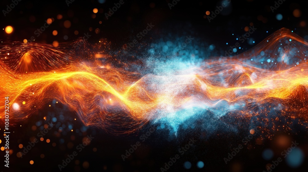 Obraz premium A vibrant display of orange and blue light waves with glowing particles on a dark background.