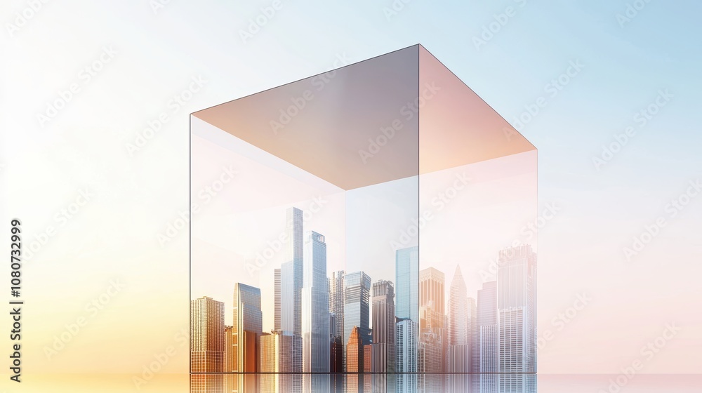 Translucent cube with a detailed skyline, mirroring the golden hues of sunset, showcasing sustainability and creativity Translucent cube with a detailed skyline, mirroring the golden hues of sunset, showcasing sustainability and creativity