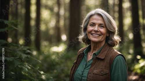 Cheerful Mature Woman in Green Shirt and Brown Vest Enjoying Nature in a Sunlit Forest photo