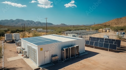 Hydrogen-powered microgrid setup, featuring solar panels and fuel cells, providing stable and green energy