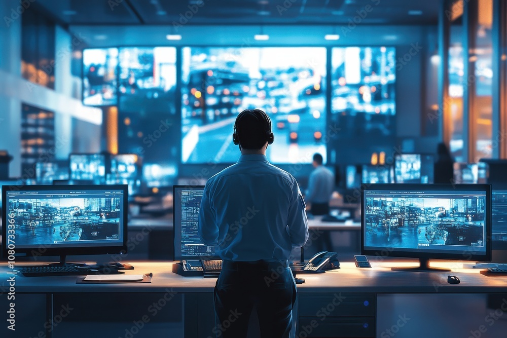 Professional Individual in Control Room Overseeing Digital Display of Urban Traffic Flow on Multiple Screens in High-Tech Environment