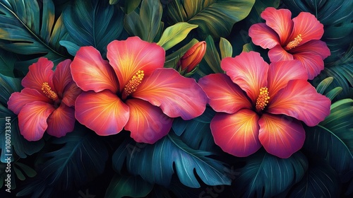 Vibrant hibiscus flowers amidst lush green foliage.