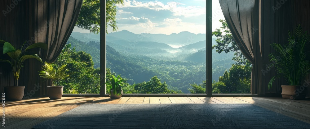 Fototapeta premium Wooden Floor With a Mountain View and a Grey Rug