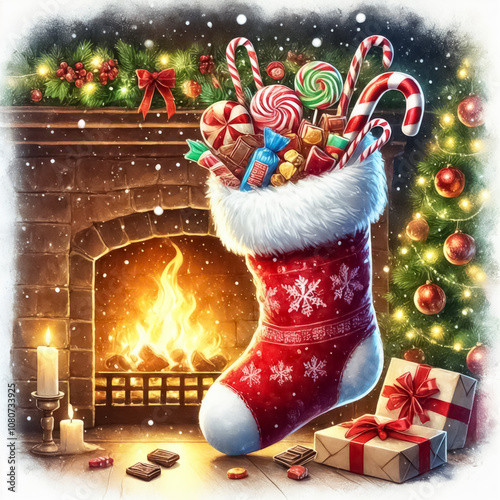 A Christmas stocking overflowing with candy canes, chocolate coins, and holiday sweets, hanging by a cozy fireplace.
