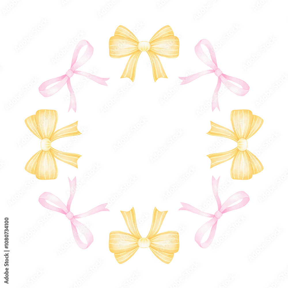 pink, yellow bows. Watercolor round frame template on white background. Cute illustration for Christmas, Valentine's Day, Birthday, Easter, Mother's Day pink, yellow bows. Watercolor round frame template on white background. Cute illustration for Christmas, Valentine's Day, Birthday, Easter, Mother's Day