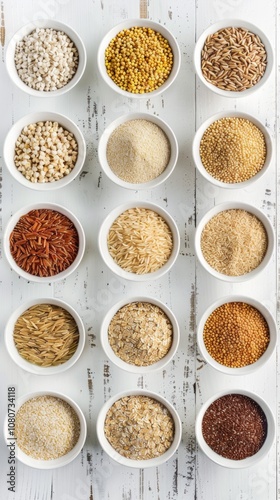 Image shows 12 ceramic bowls with various grains on a white table, offering a diverse mix like quinoa and chia. Orderly arrangement highlights attention to detail and grain diversity. photo