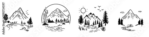 Nature landscape icons, hills, forests, woods, trees, rivers, lakes, travel mountain lake forest silhouettes,