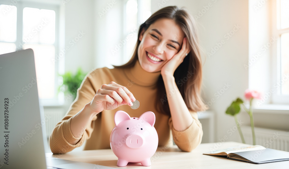 Fototapeta premium A happy young blurred woman throws a coin into a piggy bank