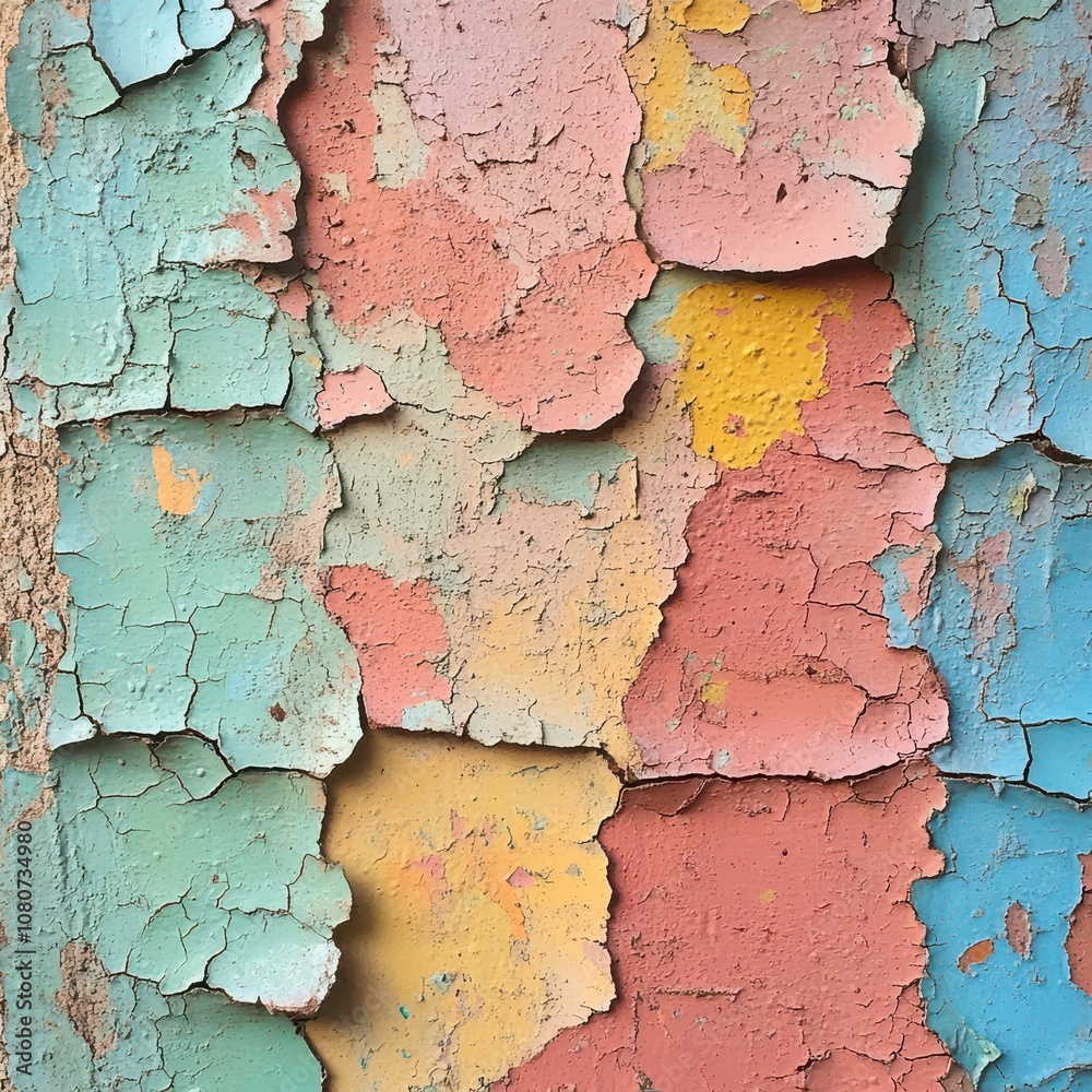 Textured and Weathered Paint Layers with Chipping and Peeling in Pastel Colors, Showcasing the Beauty of Nature's Wear and Tear on a Surface Textured and Weathered Paint Layers with Chipping and Peeling in Pastel Colors, Showcasing the Beauty of Nature's Wear and Tear on a Surface