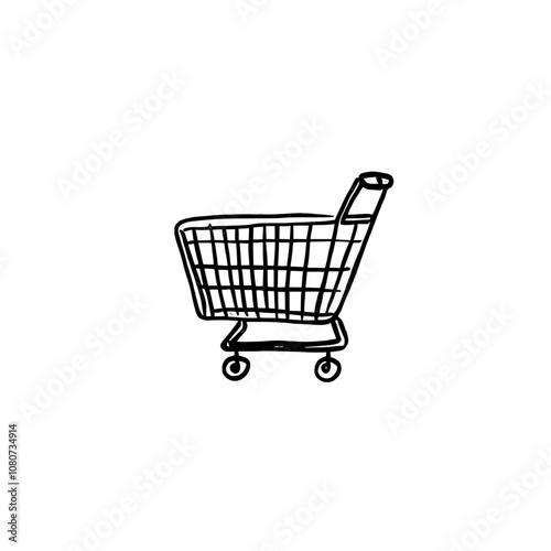 In doodle engraved line art vintage style, an empty shopping cart is drawn with illustration style doodles.