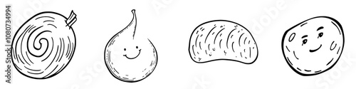 The design of a ham is hand-drawn in black and white on a transparent background. Modern illustration.