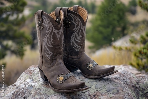 Western cowboy boots on rock, detailed craftsmanship, leather material, decorative stitching, outdoor setting, nature background photo