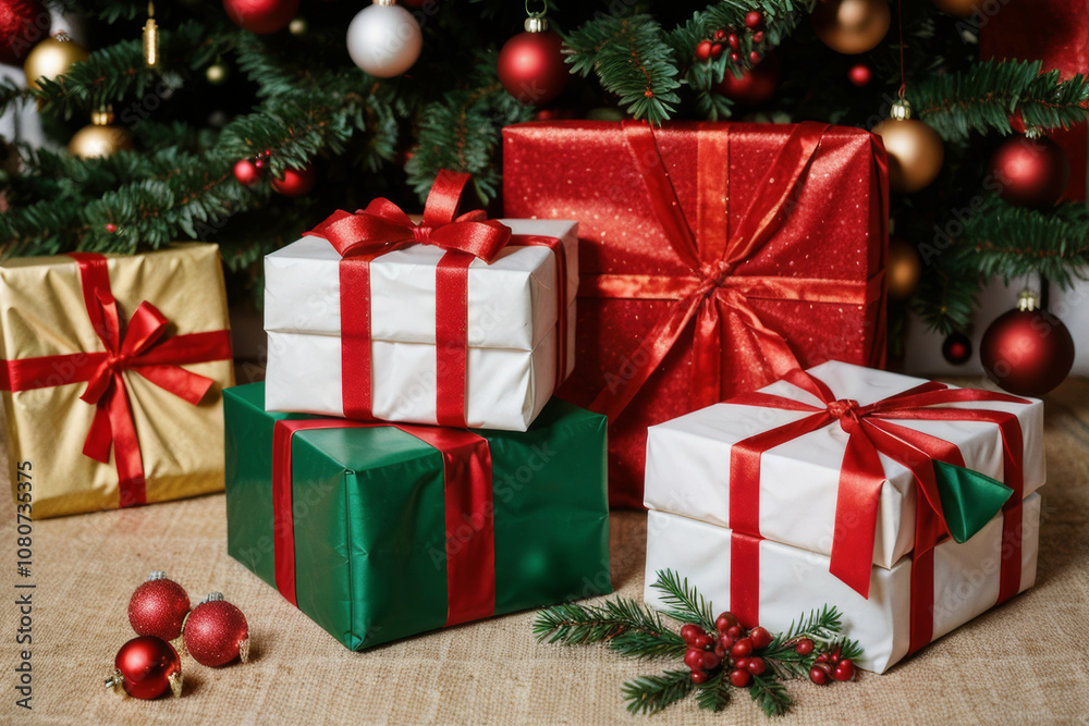 A festive arrangement of beautifully wrapped Christmas presents A festive arrangement of beautifully wrapped Christmas presents