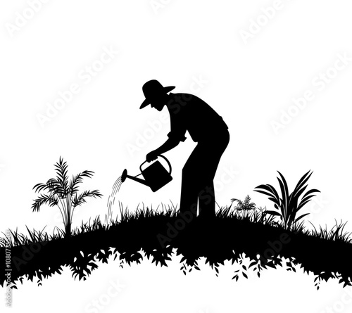 Isolated white background with modern silhouette of a farmer doing farming