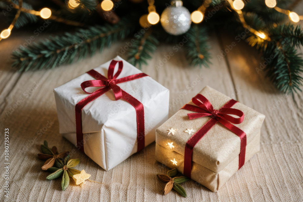 A festive arrangement of beautifully wrapped Christmas presents A festive arrangement of beautifully wrapped Christmas presents