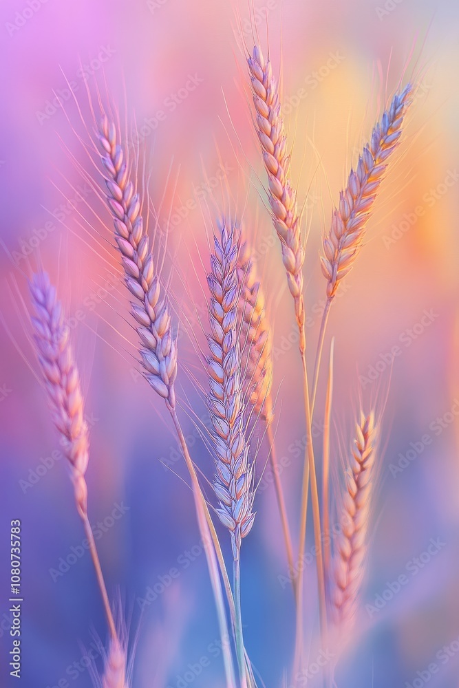 Obraz premium Close-up of wheat stalks against a pastel sunset, showcasing nature's beauty in soft, dreamy colors.