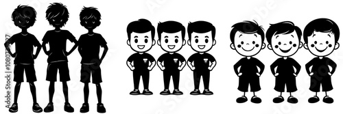 An artistic representation of three boys displaying their playful personalities and unique styles as black silhouettes