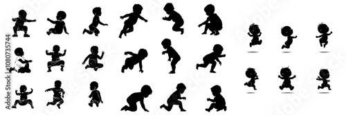 This collection of black silhouettes portrays a toddler in playful poses such as crawling and jumping, capturing the essence of childhood activity