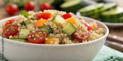 A macro shot of a colorful quinoa salad featuring specks of quinoa mixed with diced cucumbers and cherry tomatoes illustrating a delicious and fiberrich dish.