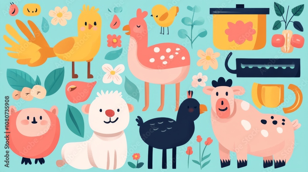 Naklejka premium This delightful clipart set showcases a variety of farm animals including cows birds and sheep alongside farming tools and natural elements perfect for creative projects.