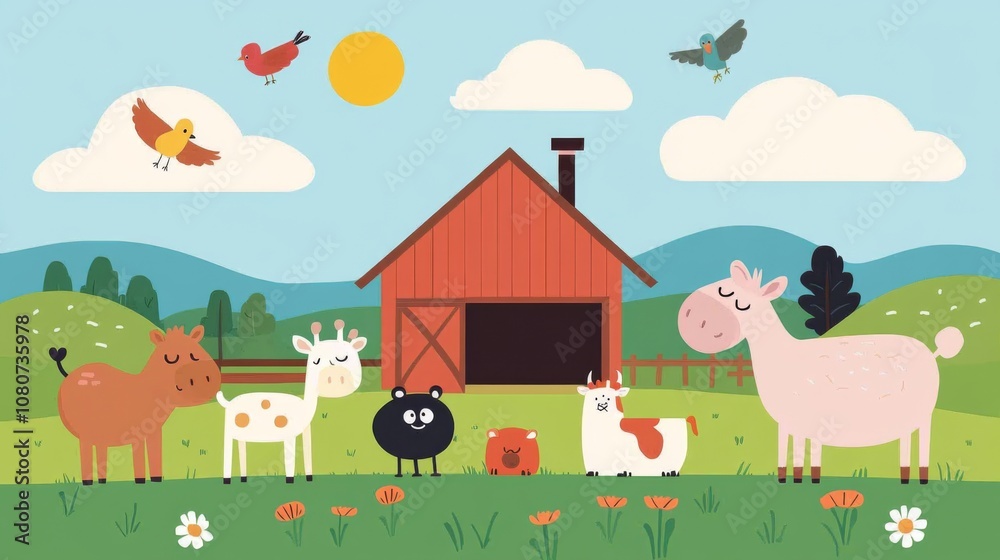 Under a bright sun various playful cartoon animals gather around a charming barn enjoying the warmth of a beautiful day in the countryside surrounded by colorful flowers and green hills. Under a bright sun various playful cartoon animals gather around a charming barn enjoying the warmth of a beautiful day in the countryside surrounded by colorful flowers and green hills.