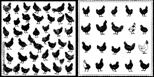 An illustration of chicken roosters and chicken chicks in silhouette