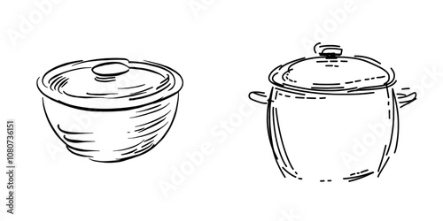 A drawing of a continuous line of kitchen utensils, dishes in a contemporary style.