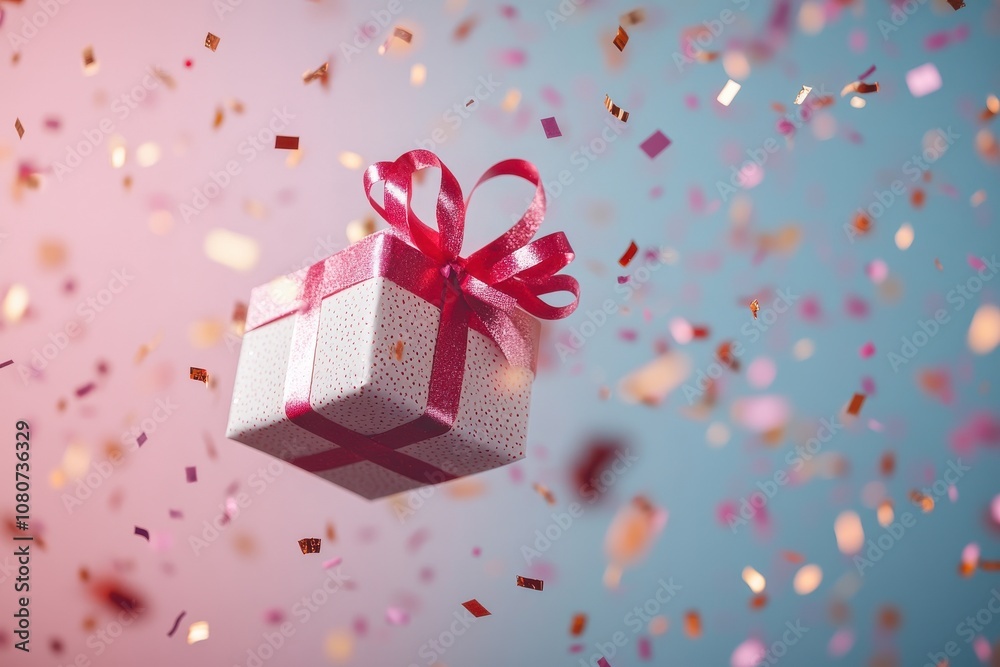 Colorful Confetti Surrounds a Floating Gift Box with a Red Ribbon in a Festive Atmosphere for Celebrations, Parties, Birthdays, and Special Occasions Colorful Confetti Surrounds a Floating Gift Box with a Red Ribbon in a Festive Atmosphere for Celebrations, Parties, Birthdays, and Special Occasions