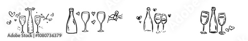 An illustration of a champagne bottle and glasses in continuous one-line format.