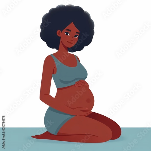 Pregnant black woman sitting, whitea background, flat style illustration photo