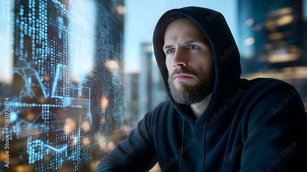 Focused man in hoodie analyzing digital data against city skyline, transforming ideas into innovative solutions. Focused man in hoodie analyzing digital data against city skyline, transforming ideas into innovative solutions.