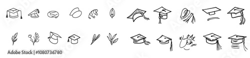 Hand drawn doodle graduation hats sketch line. Education college student diploma drawing.