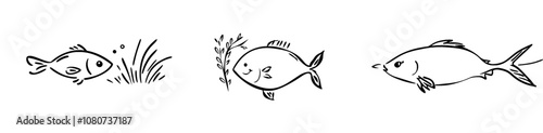 Drawn doodle fishes, sketched fish pictogram, icons of sardine flocks, sketchy sea animals, mackrel