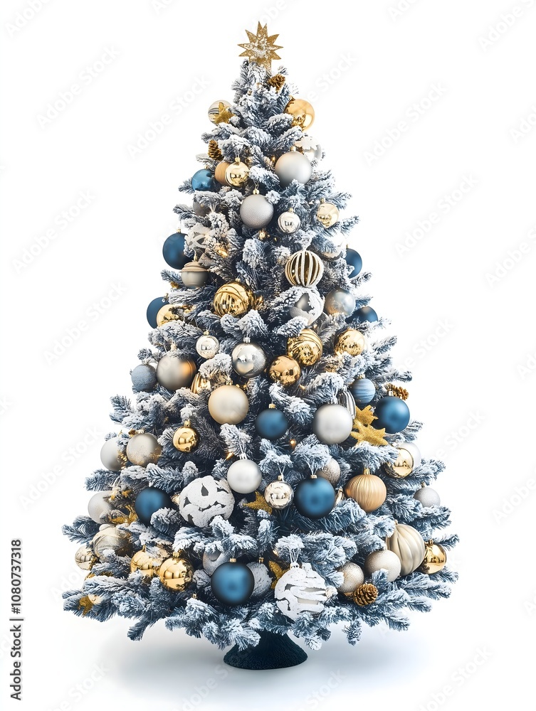 Elegant Frosted Christmas Tree Decorated with Blue, Silver, and Gold Ornaments and Star Topper Isolated on White Background for a Luxurious Holiday Look Elegant Frosted Christmas Tree Decorated with Blue, Silver, and Gold Ornaments and Star Topper Isolated on White Background for a Luxurious Holiday Look