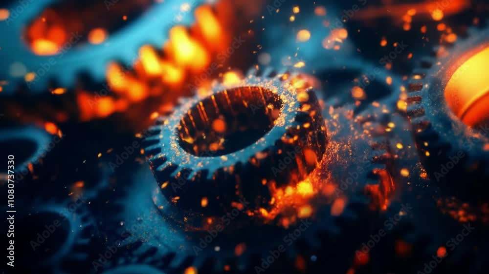 Illustration scene of gears on a machine and sparks, Camera slow motion with different angles Illustration scene of gears on a machine and sparks, Camera slow motion with different angles