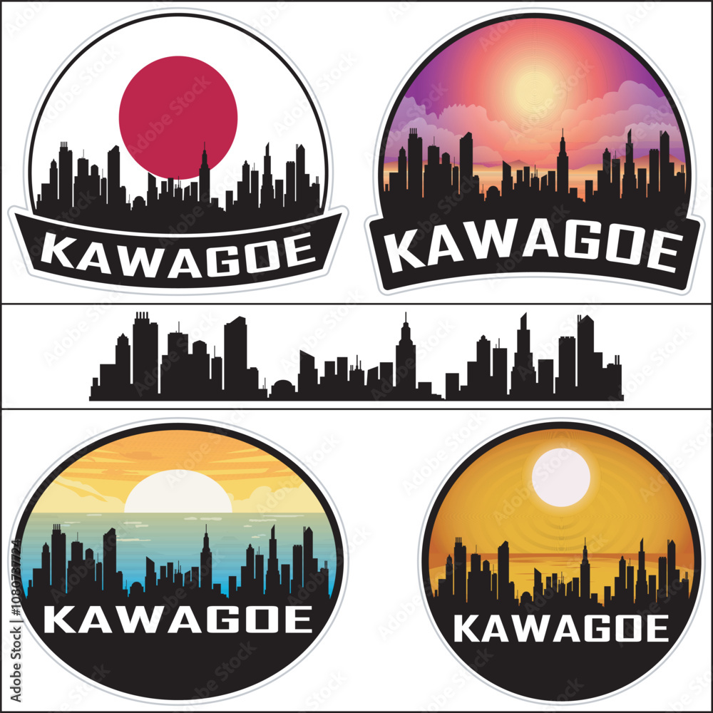 Obraz premium Kawagoe Japan Flag Skyline Cityscape Silhouette Travel Souvenir Sticker Isolated Vector