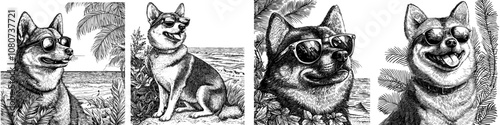 The Shiba Inu is wearing sunglasses and has an elegant, stylish and confident personality with a vintage flair. Sketch engraving generative AI raster illustration of a scratch board imitating a