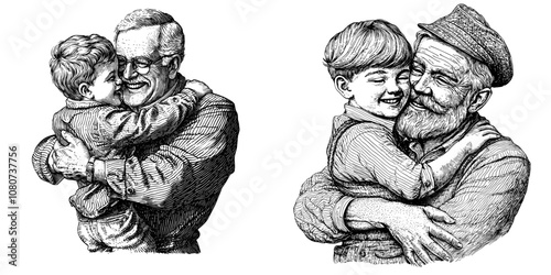 A grandfather holding his grandson in an illustration generating AI raster of love, warmth, and family bonding. Black and white illustration.