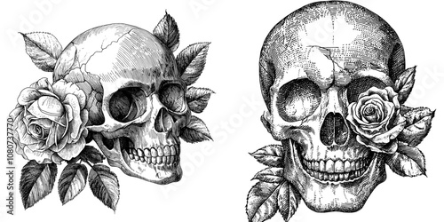A skull surrounded by roses. Tattoo design, with intricate engraving in a classical style sketch engraving raster illustration.
