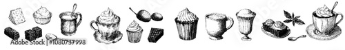 Cocoa bean and chocolate pudding set illustrations. Vintage hand-drawn cacao cup, candy, chocolate.