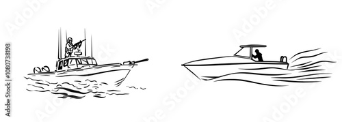 On a boat, a soldier in a uniform holds a gun