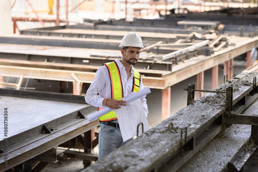Young engineer wearing a hard hat in a factory inspecting the work on a construction site and pouring cement. Young engineer wearing a hard hat in a factory inspecting the work on a construction site and pouring cement.