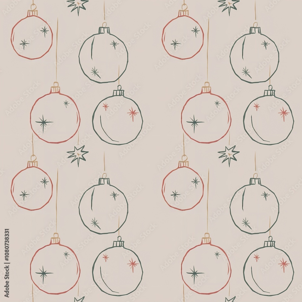 Naklejka premium Retro Christmas seamless pattern background featuring delicate hand-drawn line art sketches of festive holiday baubles and sparkling stars.