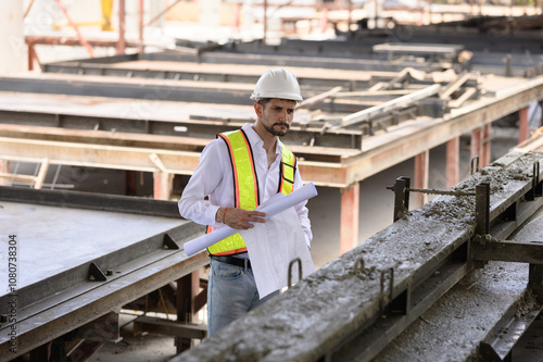 Young engineer wearing a hard hat in a factory inspecting the work on a construction site and pouring cement.