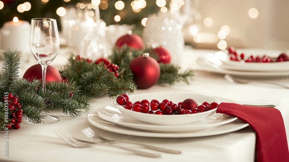 Elegant holiday table setting with red and white decor.