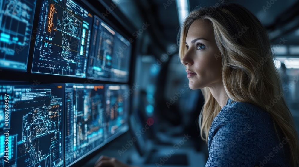 Focused Female Analyst Engaging with Multiple High-Tech Computer Screens in a Futuristic Control Room Setting During a Data-Driven Operation Focused Female Analyst Engaging with Multiple High-Tech Computer Screens in a Futuristic Control Room Setting During a Data-Driven Operation