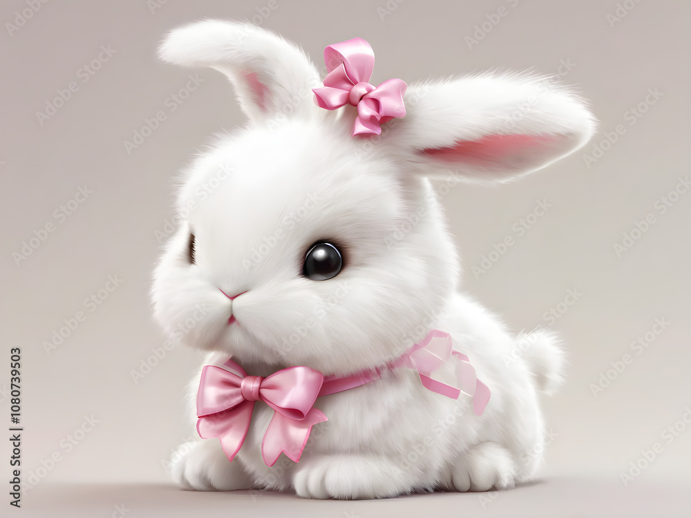 Obraz premium A white little rabbit icon with long ears decorated with a pink ribbon. The fur and whiskers are clearly detailed, looking soft and cute.